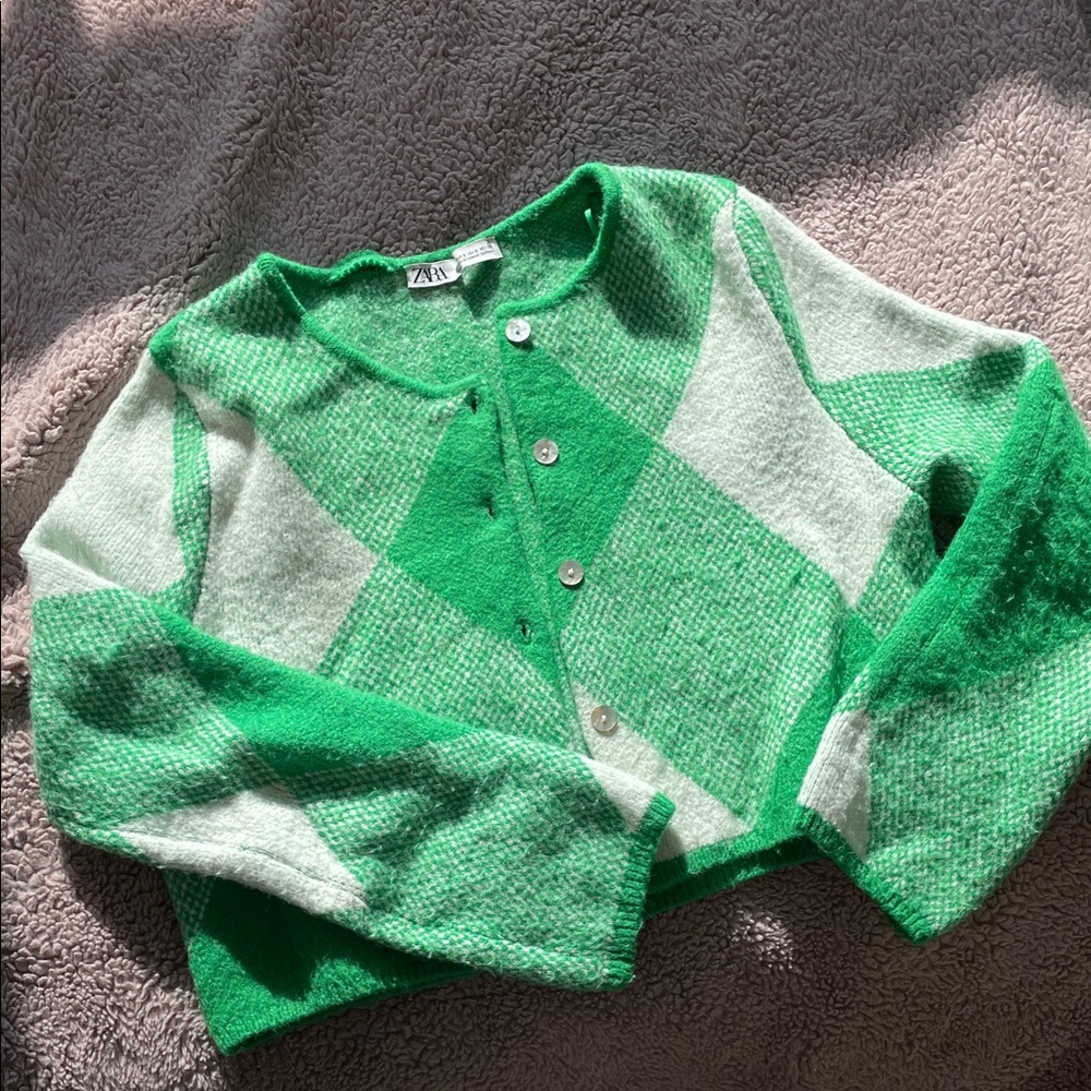Zara Bright Green & Light Green Argyle Cropped Cardigan